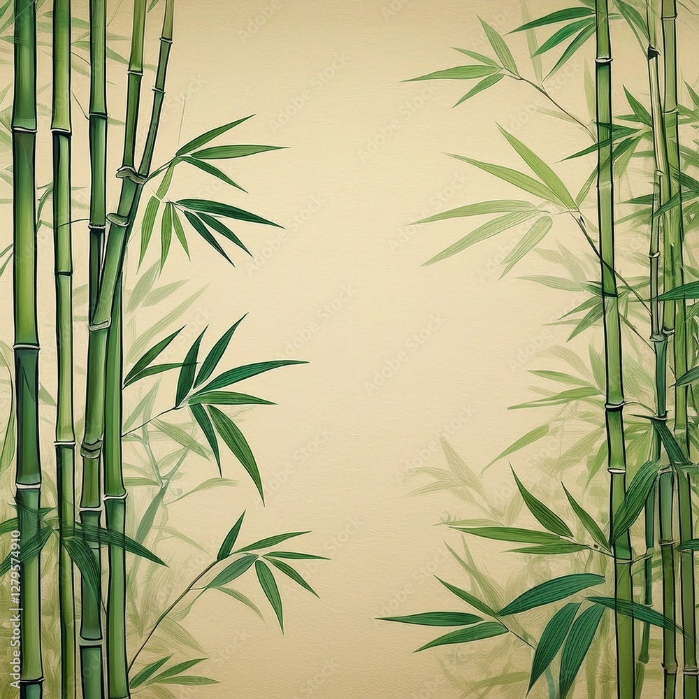 Obraz premium 正方形のベージュの和紙に描かれた和風の緑色の竹林のフレーム背景壁紙。コピースペースあり。aiで生成