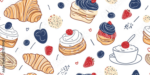 Seamless vector pattern featuring watercolor cakes and buns on white background perfect for fabric wallpaper or textile design