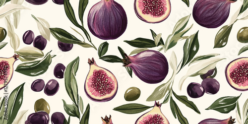 Hand drawn seamless pattern of tropical fig fruits and foliage featuring stylized purple ripe figs with leaves for textile design vector illustration