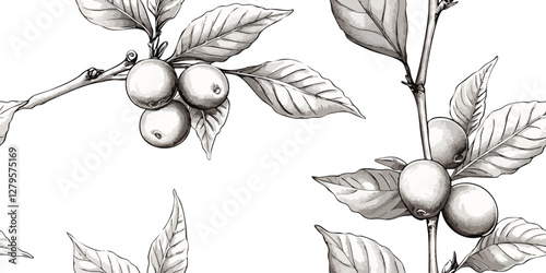 Beige brown line monochrome seamless vector pattern featuring a flowering coffee branch on white background