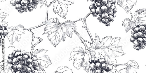 A seamless, intricate vector pattern featuring grapevines, leaves, and branches drawn with thick, elegant lines the grapes and leaves intertwine gracefully, creating a classic, decorative linework