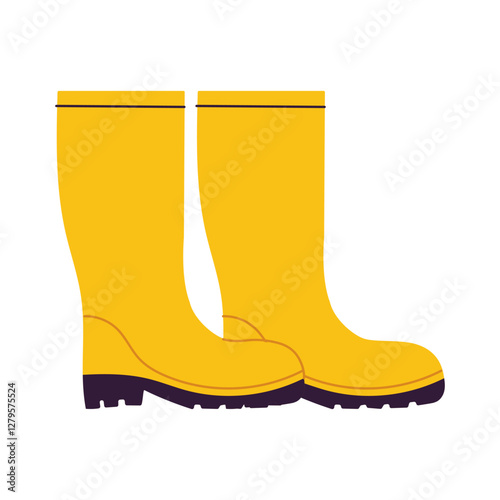 Two yellow rain boots are shown in a white background. The boots are positioned so that they are facing the viewer, and they appear to be standing upright