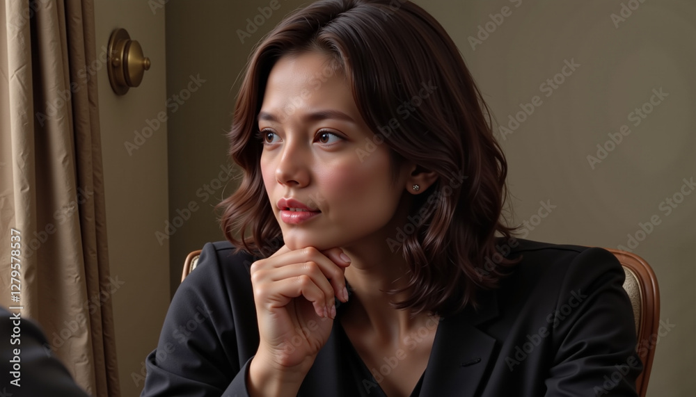 Thoughtful woman gazing into the distance in a quiet room, introspection Thoughtful woman gazing into the distance in a quiet room, introspection