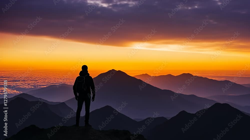 A lone hiker stands atop a mountain peak, marveling at a stunning sunrise that illuminates the horizon A lone hiker stands atop a mountain peak, marveling at a stunning sunrise that illuminates the horizon