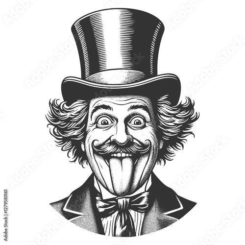 Silly stupid facial expression gentleman with curled mustache and top hat sticking out his tongue sketch engraving generative ai vector illustration. Scratch board imitation. Black and white image.