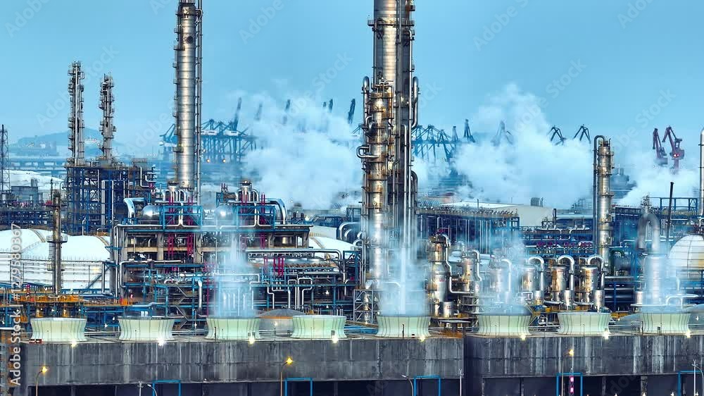 Aerial view of a vast industrial complex with numerous pipes, towers, and smoke, against a blue sky Aerial view of a vast industrial complex with numerous pipes, towers, and smoke, against a blue sky