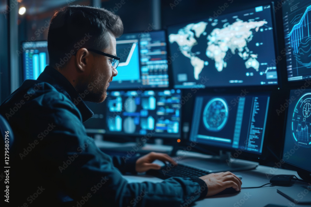 Cybersecurity Analyst Monitoring Real-Time Threats and Network Firewalls for IT Security Cybersecurity Analyst Monitoring Real-Time Threats and Network Firewalls for IT Security