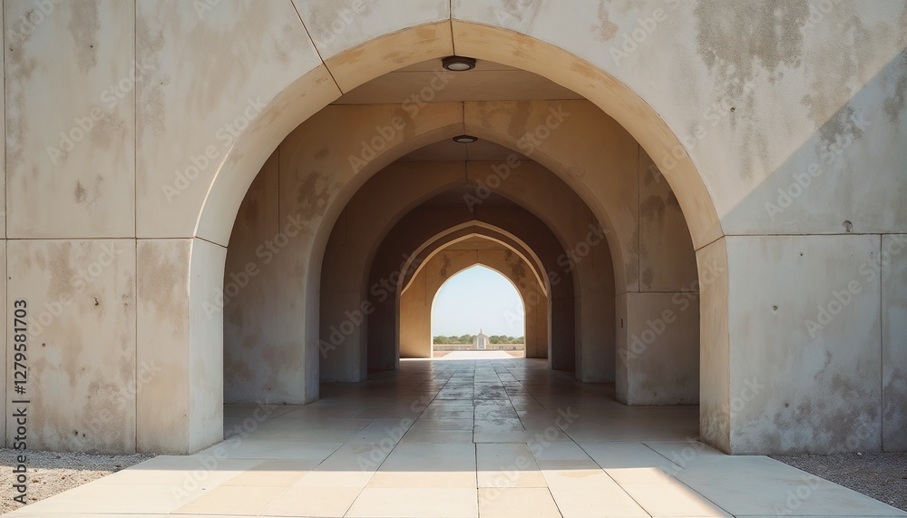 Naklejka premium Long corridor with arched doorways leading to light, concrete or stone walls and floor, creating a monumental and imposing look, symmetrical arches, deep perspective, light streaming through the exit