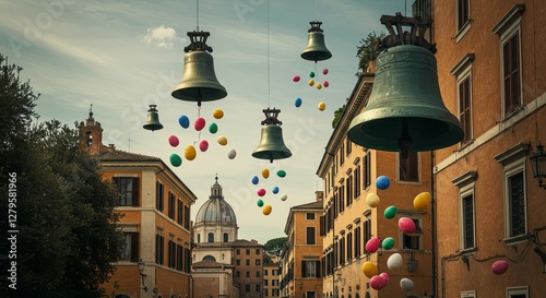 Easter design of the Easter celebration in Rome. Church bells, rendered in a surreal and dreamlike manner, float in the sky, releasing a rain of colorful Easter eggs.