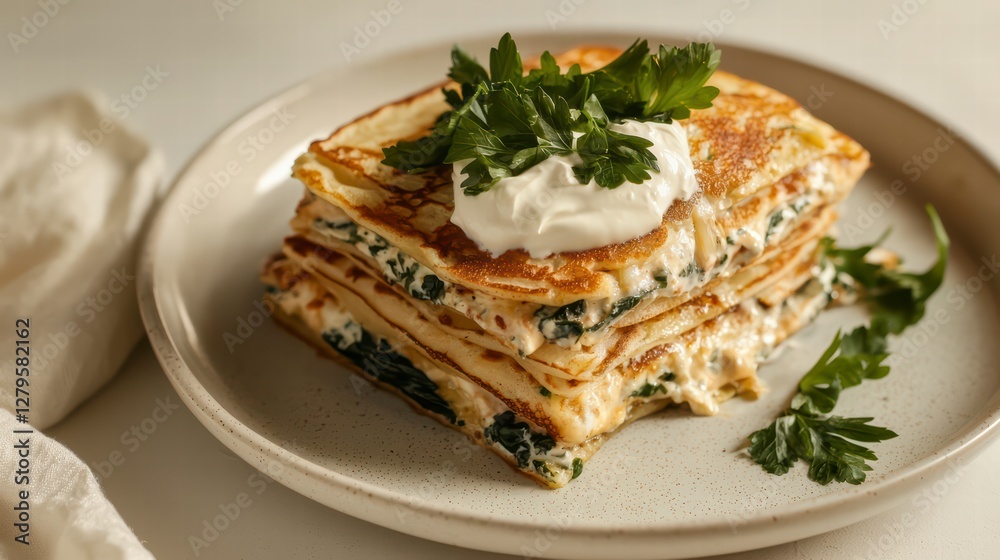 Stack of Savory Crepes with Herbs: a delectable stack of savory crepes, layered with creamy fillings and garnished with fresh herbs. Captured in a culinary shot, creating an appetizing image Stack of Savory Crepes with Herbs: a delectable stack of savory crepes, layered with creamy fillings and garnished with fresh herbs. Captured in a culinary shot, creating an appetizing image