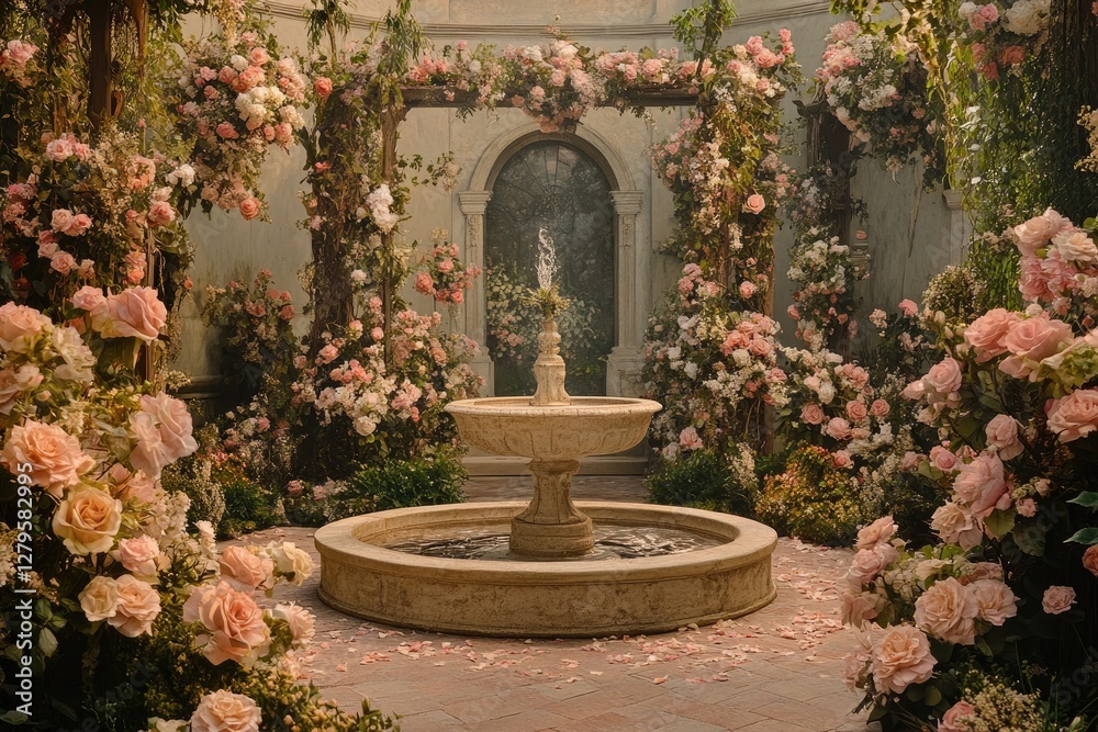 Fototapeta premium A Rococo Revival - inspired garden with a stone fountain, trellises, and lavish floral arrangements