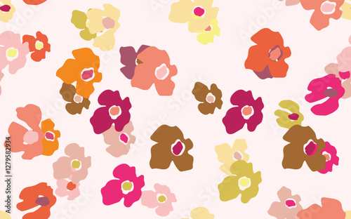 Seamless floral pattern based on traditional folk art ornaments. Colorful flowers on color background. Scandinavian style. Sweden nordic style. Vector illustration. Simple minimalistic pattern.