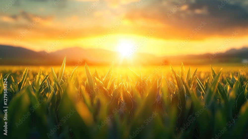Fototapeta premium Green grass blades grow in a vast field under a bright golden sunrise.