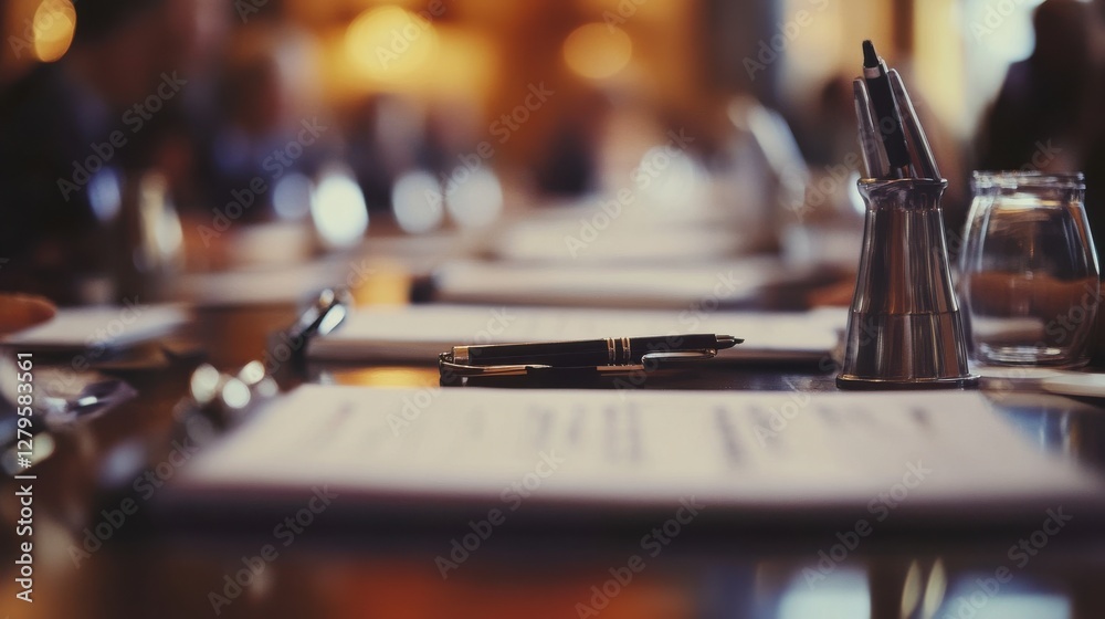Business Meeting Table with Documents and Stationery on Surface
