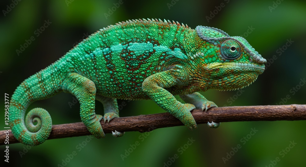 Vibrant Chameleon Perched on Branch Displaying Intricate Skin Textures Vibrant Chameleon Perched on Branch Displaying Intricate Skin Textures