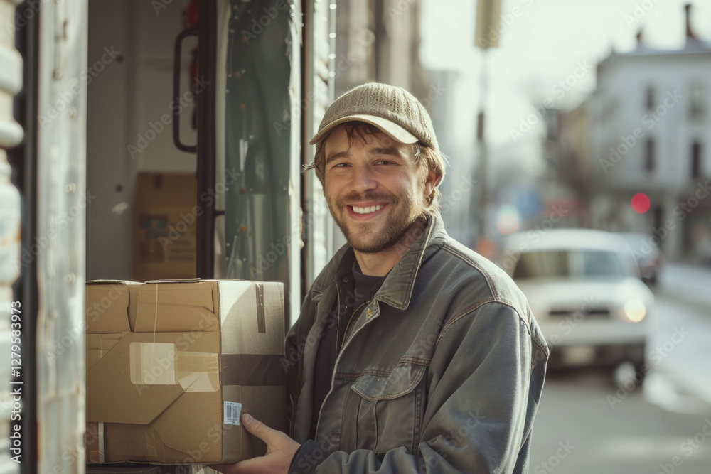 Friendly Male Delivery Driver Holding Package on Urban Street for Next Drop-Off Friendly Male Delivery Driver Holding Package on Urban Street for Next Drop-Off
