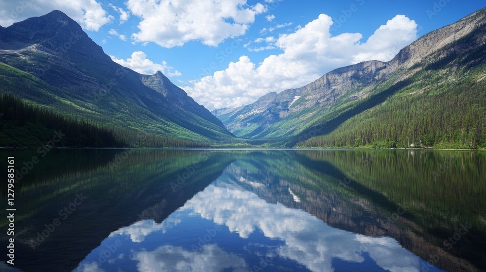 Mountain Lake Reflecting Clouds, Calm Water, Inspiring Scenery, Ideal for Backgrounds