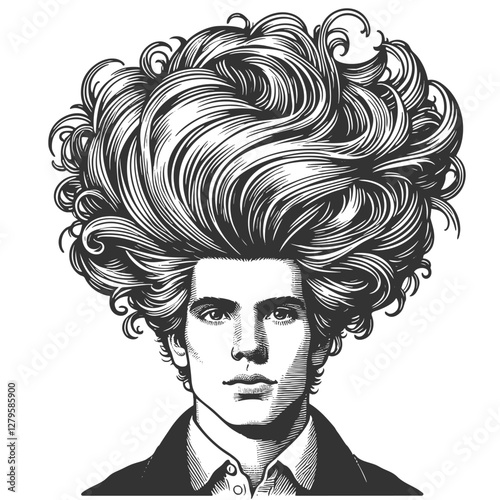 gentleman with an incredibly large, curly hairstyle, blending humor, surrealism, and vintage artistic style sketch engraving generative ai vector illustration. Scratch board. Black and white image.