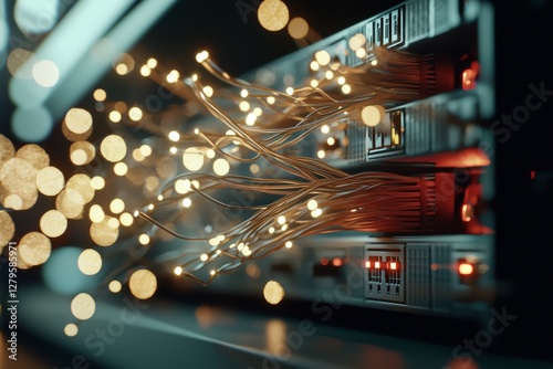 The concept image depicts cables and connections that facilitate data transfer within the digital realm, including network cables linked to network switches