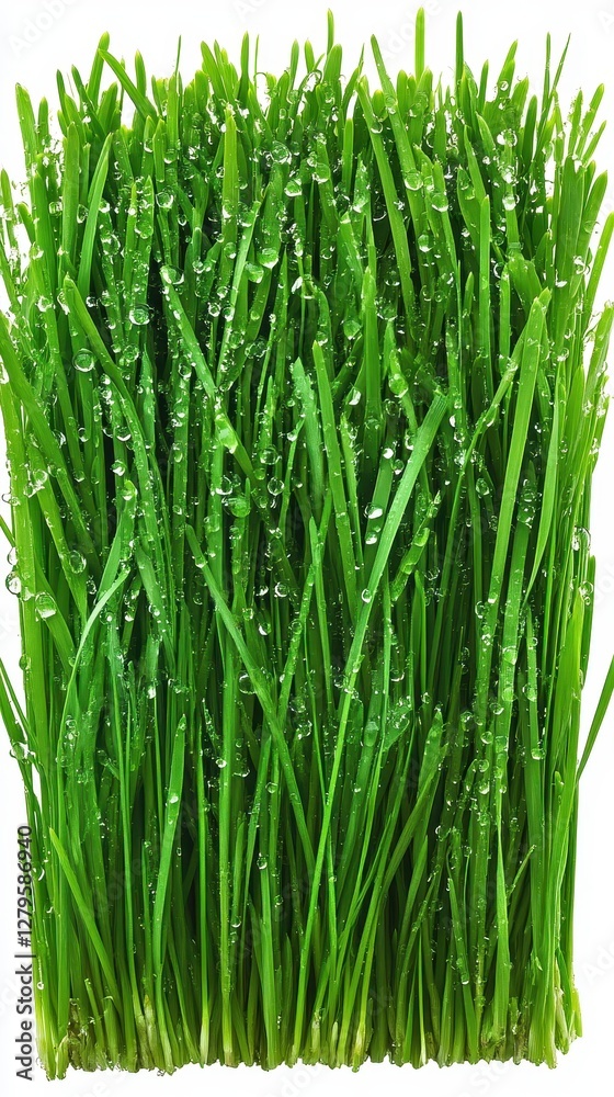 Obraz premium Lush green grass blades are covered in dew drops, shining brightly under the morning sun