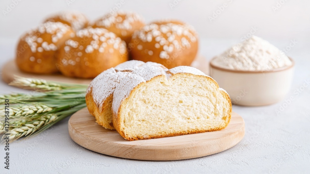Freshly baked bread rolls, sliced loaf, flour, wheat sprigs on a table. Possible use Baking stock image Freshly baked bread rolls, sliced loaf, flour, wheat sprigs on a table. Possible use Baking stock image