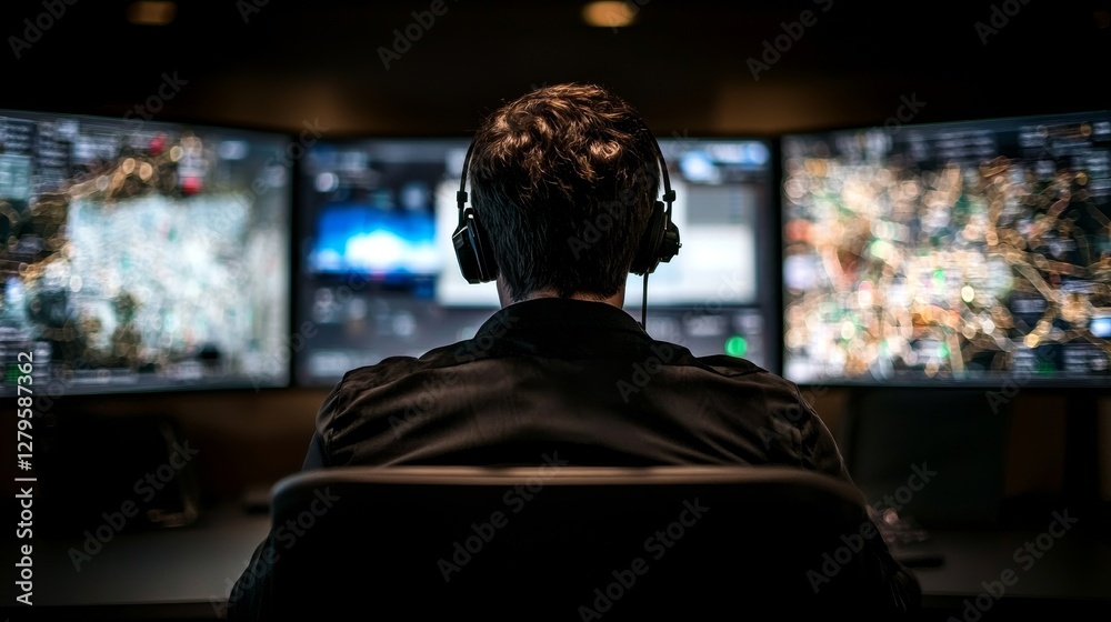 Specialists in professional IT technical support and software programming work with computers in a control room that monitors digital screens showing server data, blockchain networks, and Specialists in professional IT technical support and software programming work with computers in a control room that monitors digital screens showing server data, blockchain networks, and