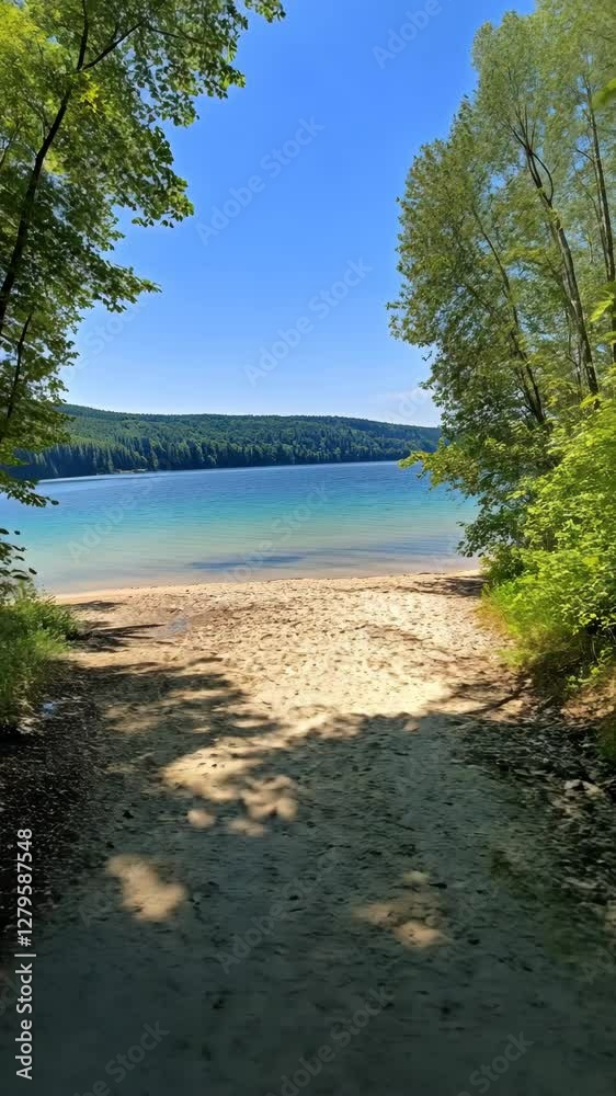Breathtaking view of a serene lake framed by lush trees on a bright sunny day in summer Breathtaking view of a serene lake framed by lush trees on a bright sunny day in summer