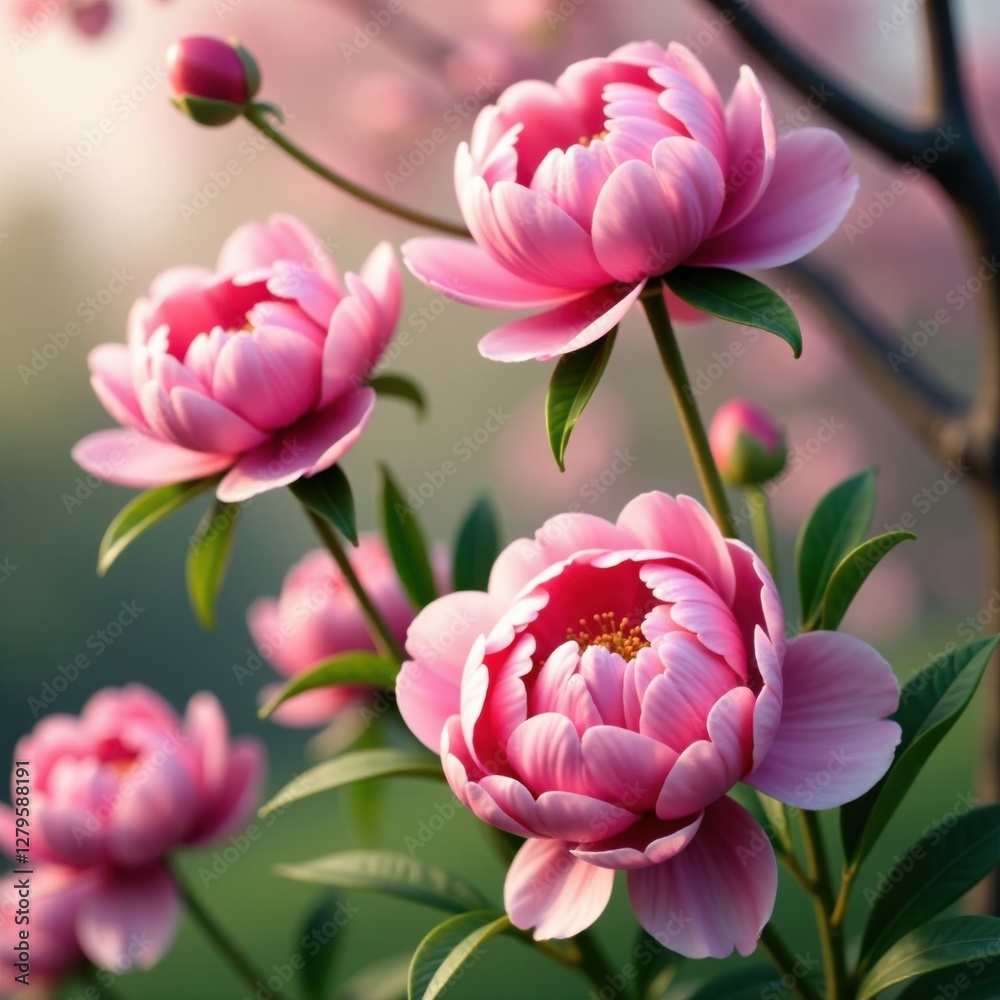 Obraz premium Soft petals of pink peony flowers on tree branches, blossom, garden