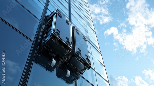 Automated Facade Cleaning: The cutting-edge technology cleans the glass facade of a tall skyscraper. Robotic cleaners, with gleaming surfaces, diligently maintain the reflective facade.