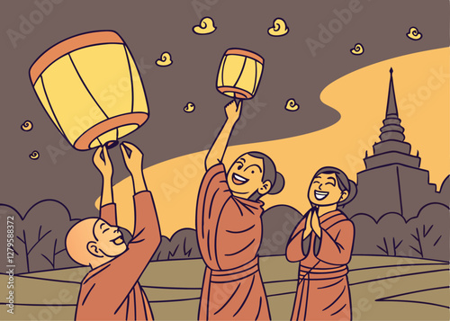 Group of Monks Releasing Lanterns into the Night Sky During a Festival Celebration