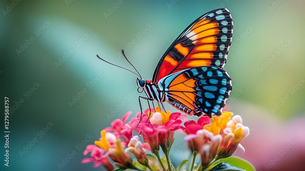 Colorful Butterfly Perched on Flower Blossom in Garden with Soft Background Colorful Butterfly Perched on Flower Blossom in Garden with Soft Background
