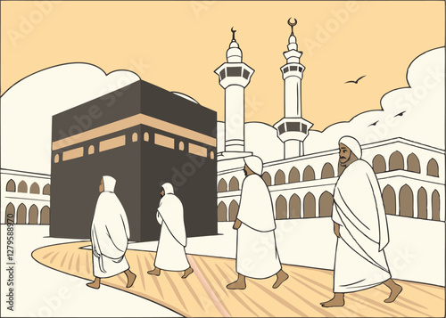 Pilgrims Approaching the Kaaba with a Sense of Reverence and Anticipation
