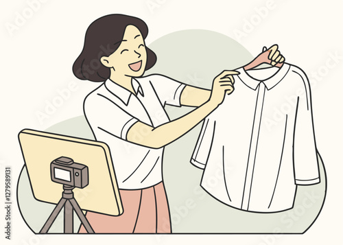 Individual Demonstrating Clothing Items During a Livestream with a Camera Setup