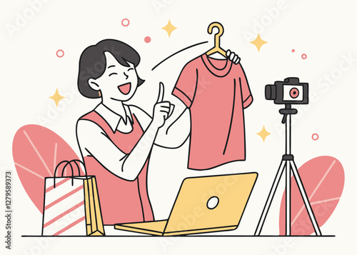 Woman Preparing for a Livestream Sale with Clothes and Equipment in a Bright Room