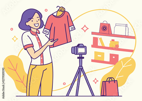 Woman Preparing for a Livestream Sale with Clothes and Equipment in a Bright Room