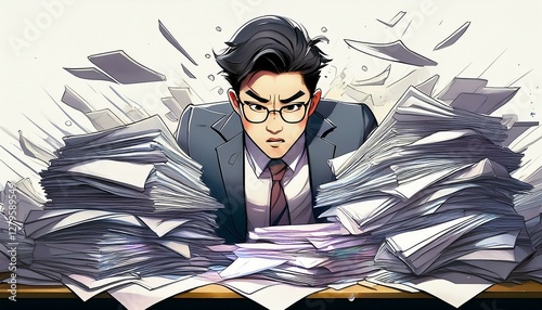 仕事の書類の山を見る会社員男性のイラスト。AIで生成