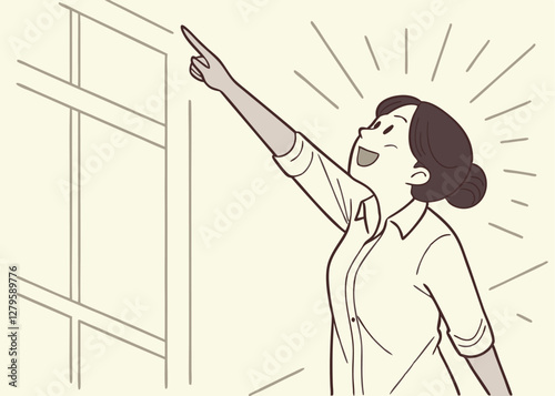 Individual Pointing Towards a Window with a Thoughtful Expression