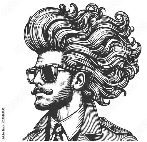 fashionable man with exaggerated, voluminous hair and a beard, wearing sunglasses and a tuxedo, surrealism with vintage aesthetics sketch engraving generative ai vector. Scratch board. Black and white