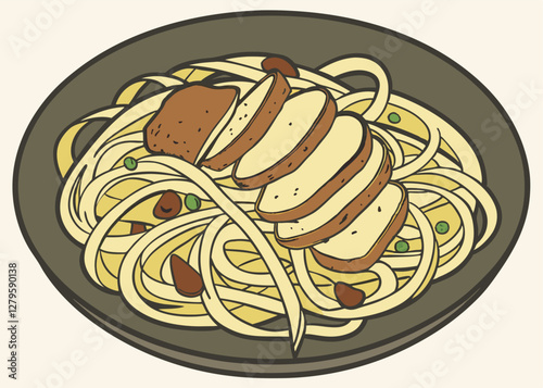 Serving of Lasagna with Meatballs and a Garnish of Parsley