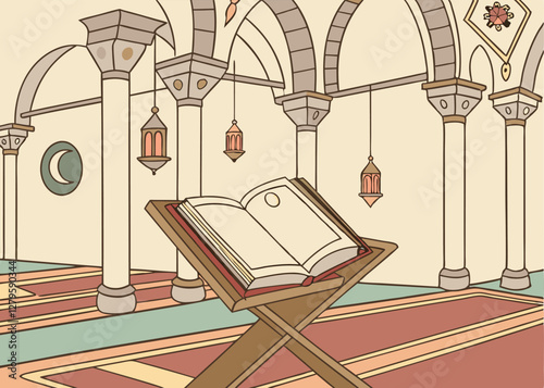 Interior of a Mosque with an Open Quran on a Stand