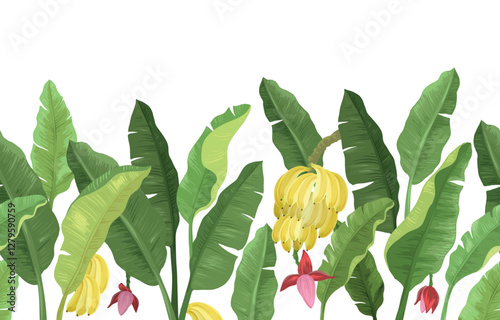 Cartoon bananas seamless from right to left pattern. Vector banana leaves, bunch of bananas. Vector illustration.