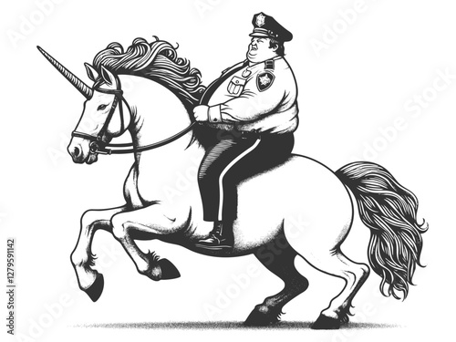 uniformed police officer riding a galloping unicorn, blending realism with fantasy in a humorous and imaginative artistic style sketch engraving generative ai vector. Scratch board. Black and white.