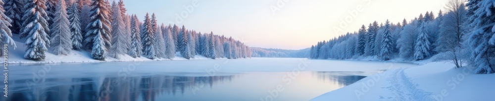 Frozen lake, snow-covered trees, crisp winter air, snowy landscape, sky Frozen lake, snow-covered trees, crisp winter air, snowy landscape, sky