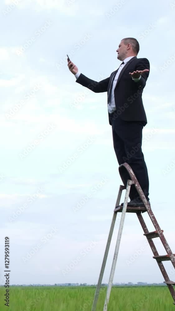 Business man on ladder with mobile phone. Business growth concept. Business man on ladder with mobile phone. Business growth concept.