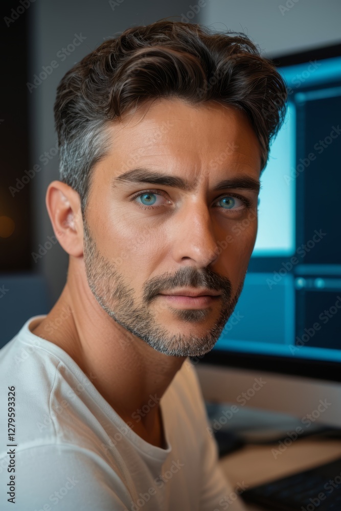 arafed man with a beard and a white shirt looking at the camera