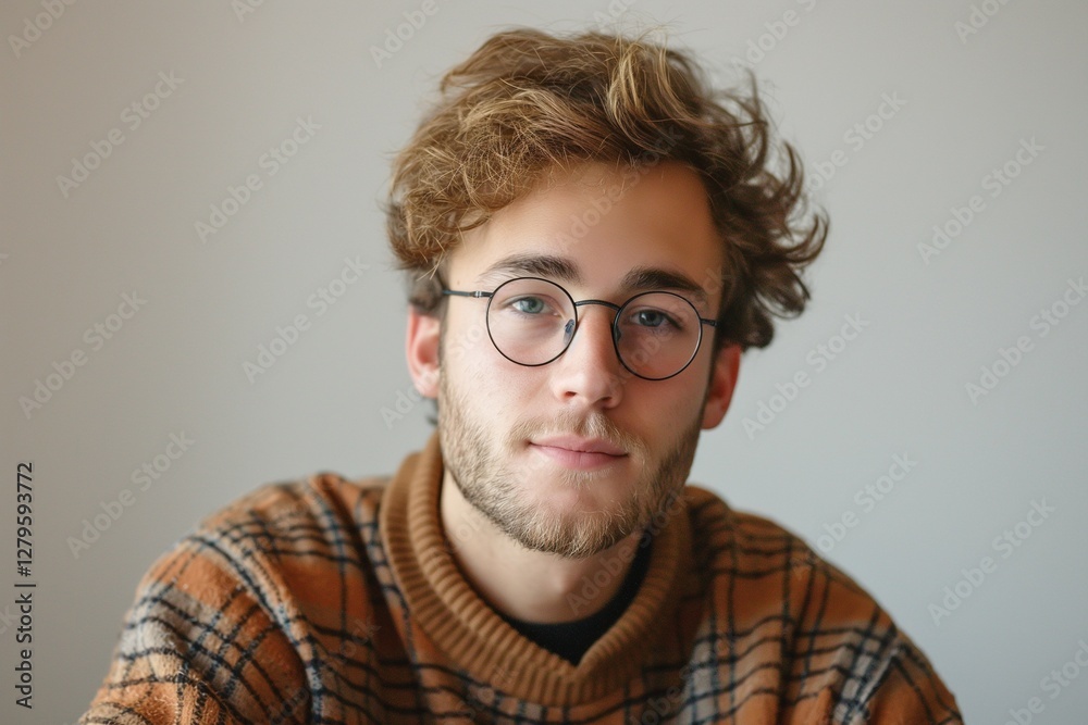 A young Caucasian male with glasses, dressed in a stylish sweater, exuding a calm and contemplative mood. A young Caucasian male with glasses, dressed in a stylish sweater, exuding a calm and contemplative mood.