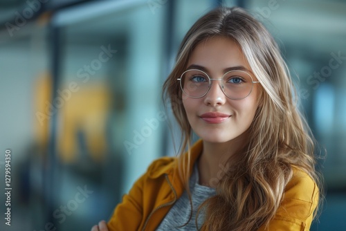Confident young woman with long hair and glasses, wearing a cozy yellow jacket, smiles warmly against a modern backdrop.