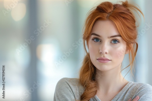 Wallpaper Mural A young Caucasian woman with striking red hair poses thoughtfully, showcasing her natural beauty and captivating blue eyes. Torontodigital.ca