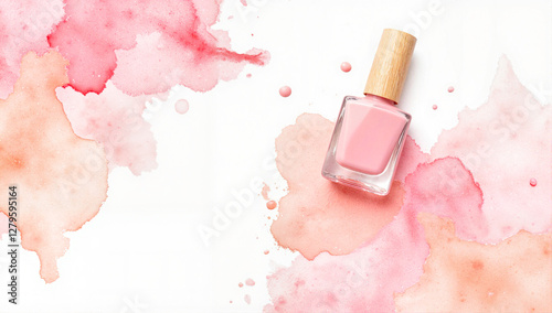 Delicate watercolor pink nail polish bottle with dreamy splashes, artistry