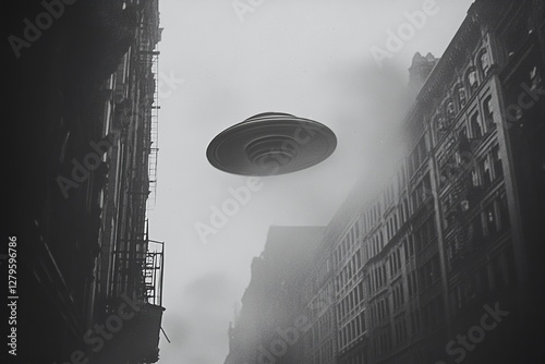 Mysterious UFO hovers above city buildings in black-and-white 1950s style photograph